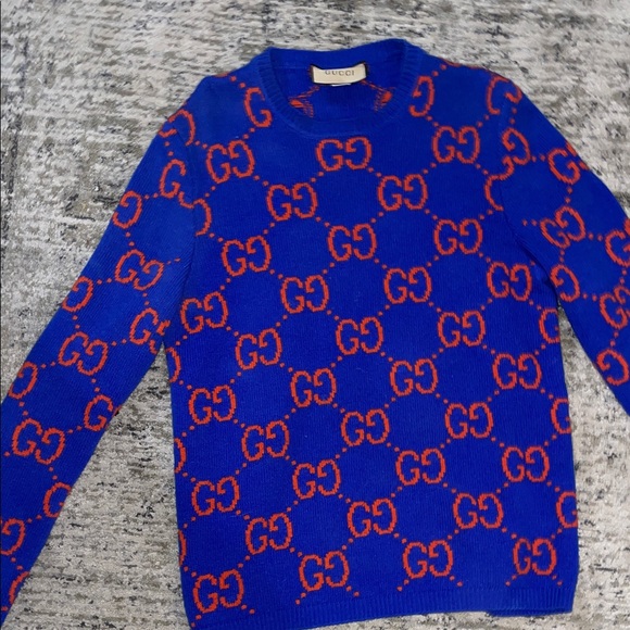 Gucci Royal Blue & Red GG Jacquard Crewneck Sweater - Picture 5 of 7